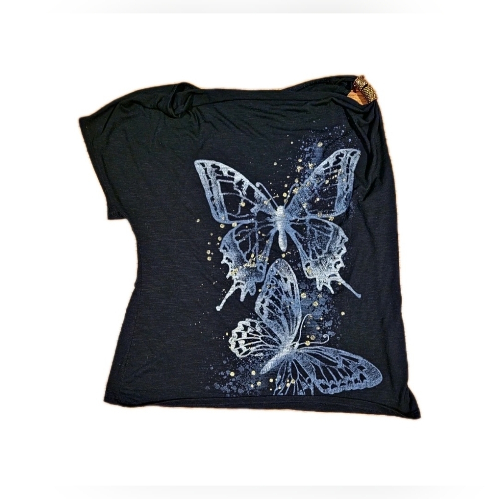 Y2K Black Sequin One-Sleeve Butterfly Top – Whimsigoth Grunge Size 2xl Xxl